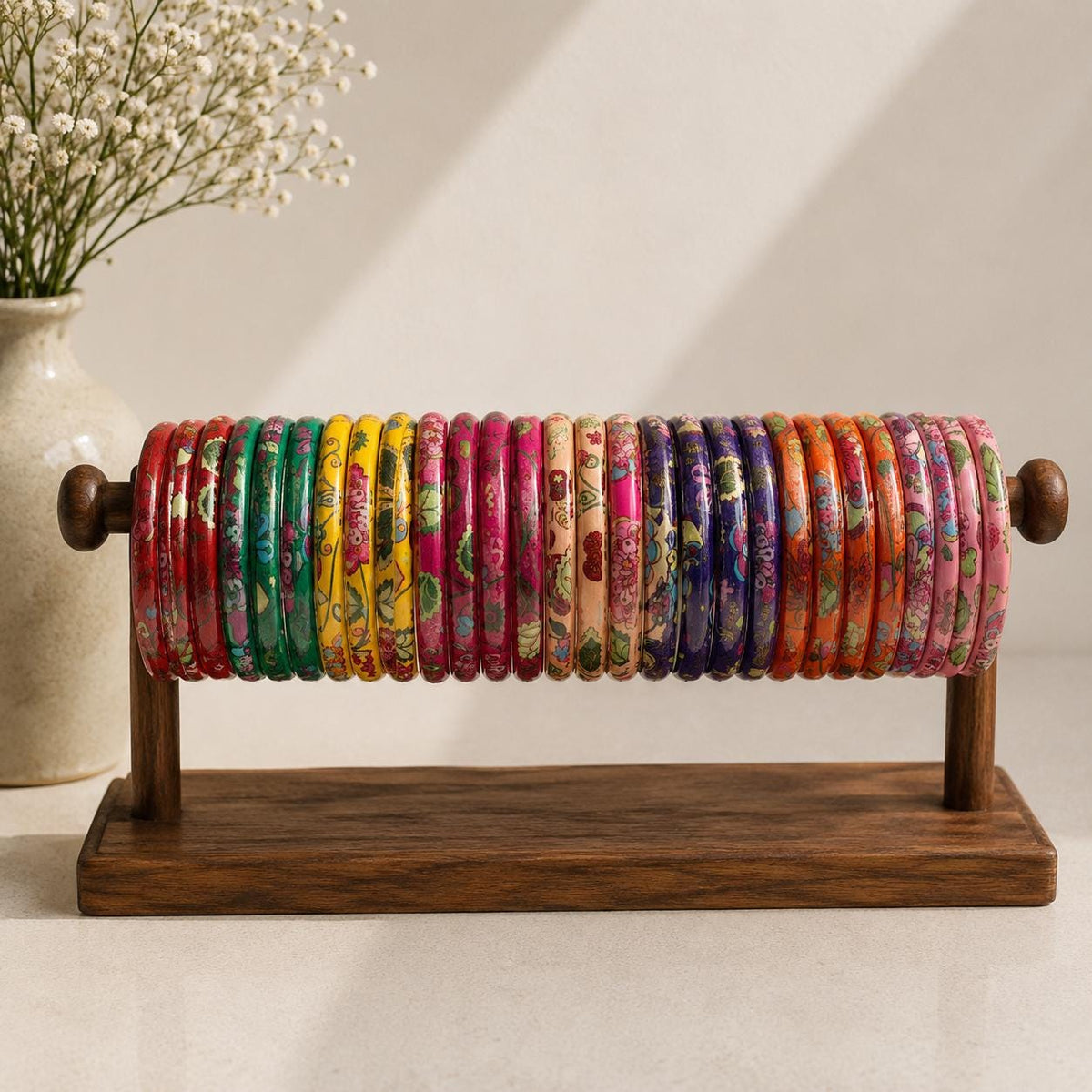 Multicolor Floral Glass Bangles | Set of 32 | Hand Printed Leaf Glossy Kadas | Indian Jewelry - 5