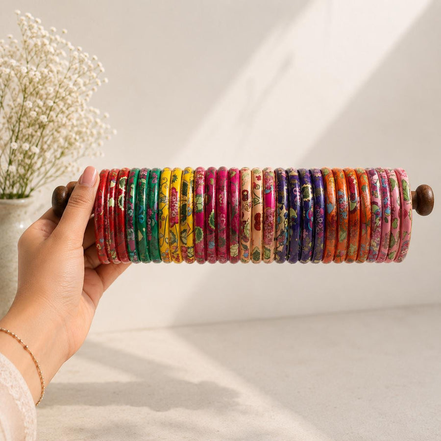 Multicolor Floral Glass Bangles | Set of 32 | Hand Printed Leaf Glossy Kadas | Indian Jewelry