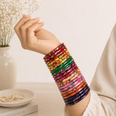 Multicolor Floral Glass Bangles | Set of 32 | Hand Printed Leaf Glossy Kadas | Indian Jewelry - 3