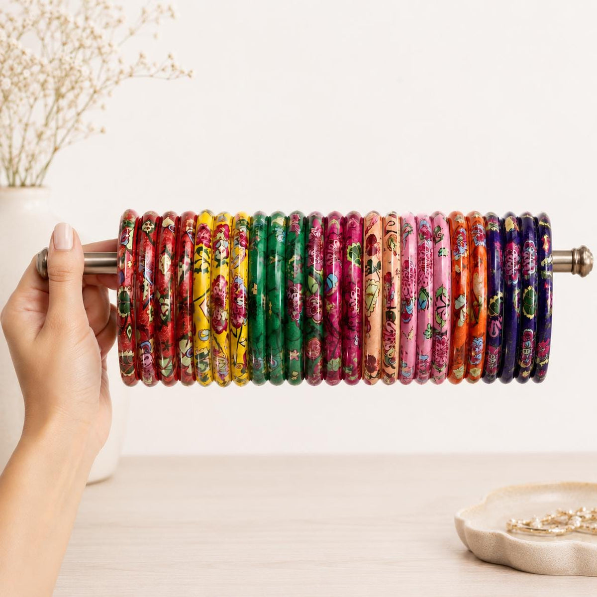 Multicolor Floral Glass Bangles | Set of 32 | Hand Printed Leaf Glossy Kadas | Indian Jewelry - 7