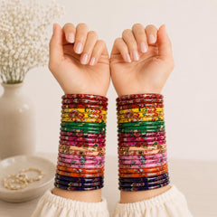 Multicolor Floral Glass Bangles | Set of 32 | Hand Printed Leaf Glossy Kadas | Indian Jewelry - 8