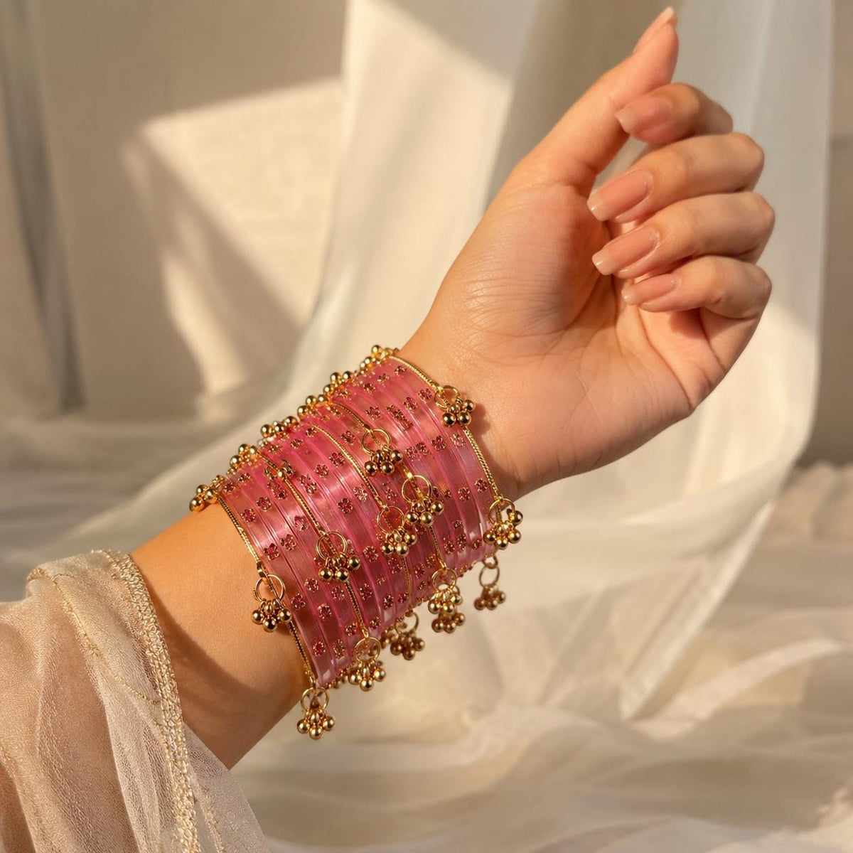 Pink Kashmiri Glass Ghungroo Bangles Set Indian Bridal Wedding Jewelry