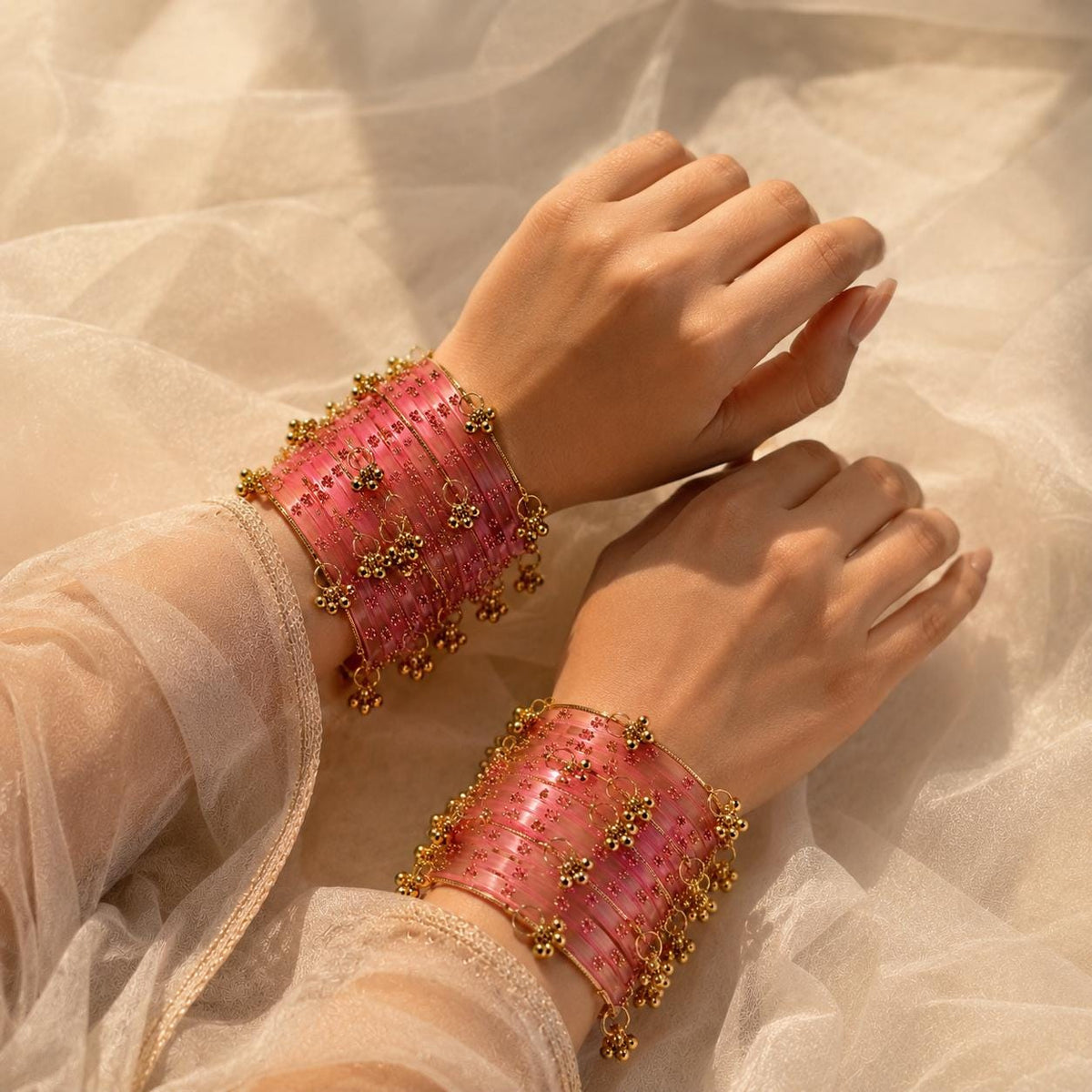 Pink Kashmiri Glass Ghungroo Bangles Set Indian Bridal Wedding Jewelry - 5