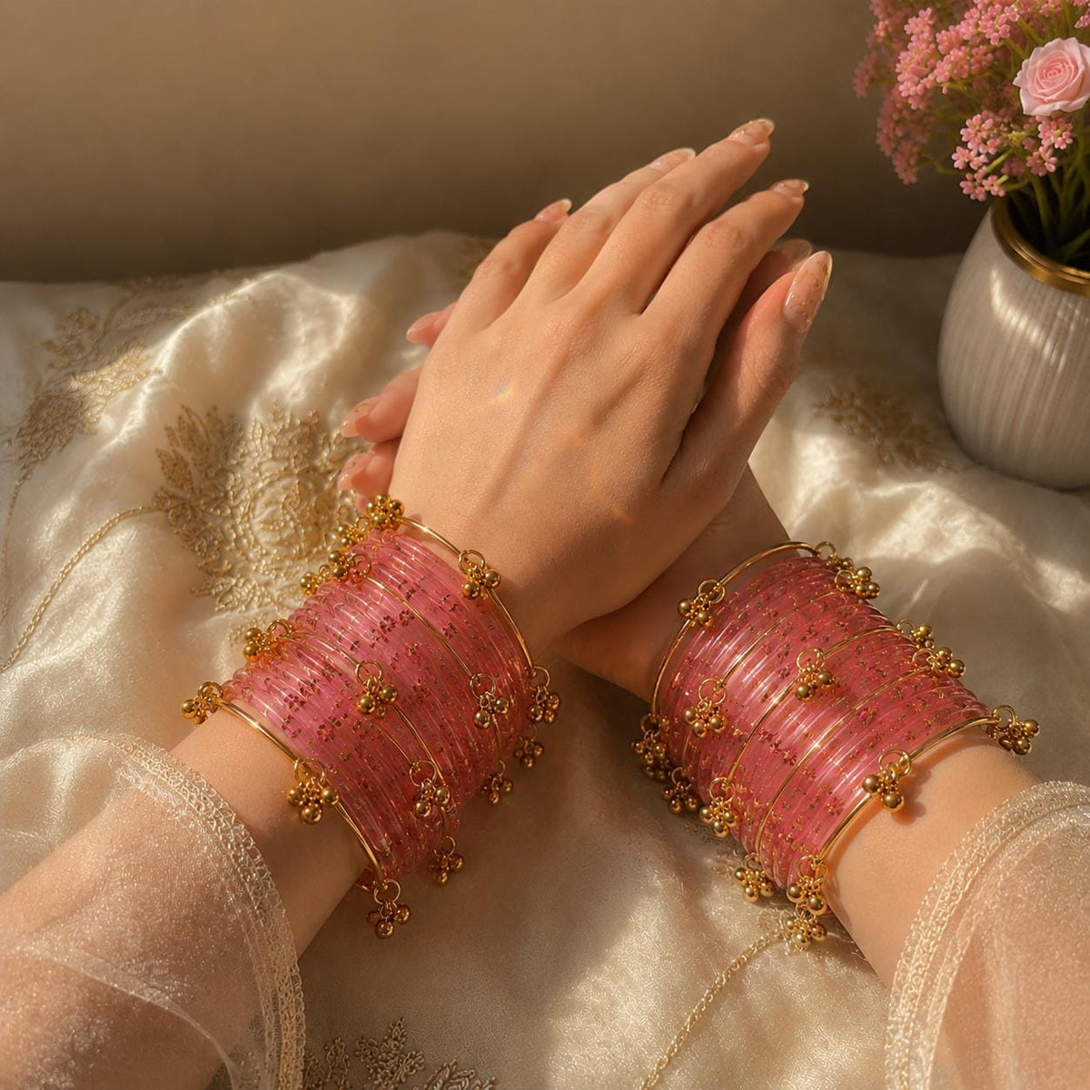 Pink Kashmiri Glass Ghungroo Bangles Set Indian Bridal Wedding Jewelry - 4