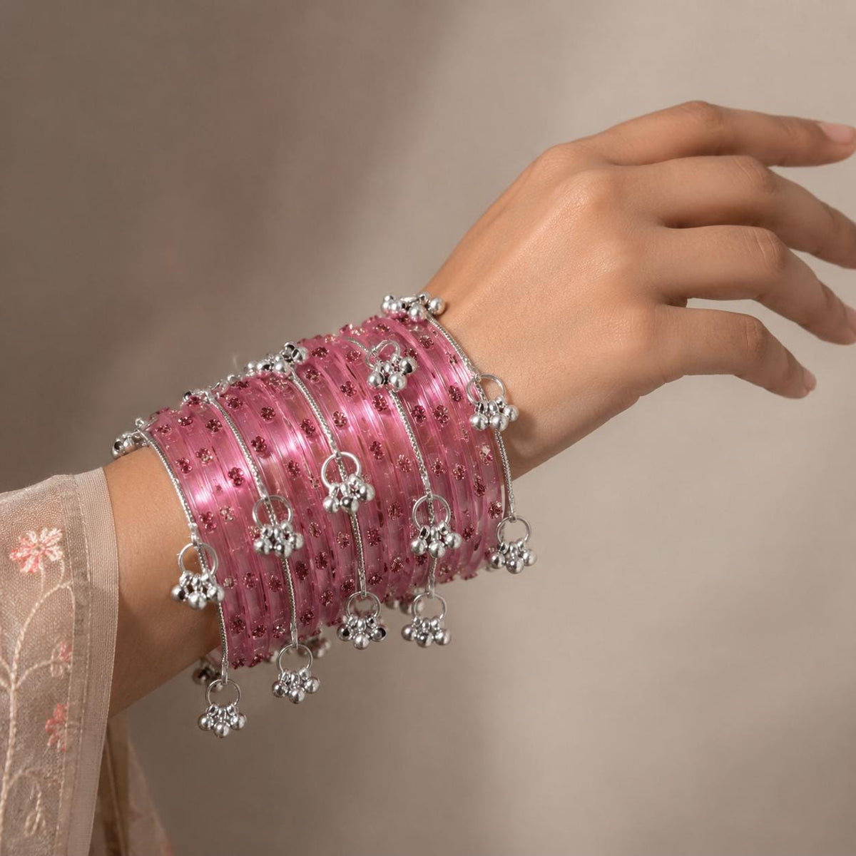 Pink Kashmiri Glass Ghungroo Bangles Set Indian Bridal Wedding Jewelry - 9