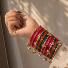 Multicolor Kashmiri Glass Bangles Set | Gold Ghungroo | Indian Bridal Wedding Bangles