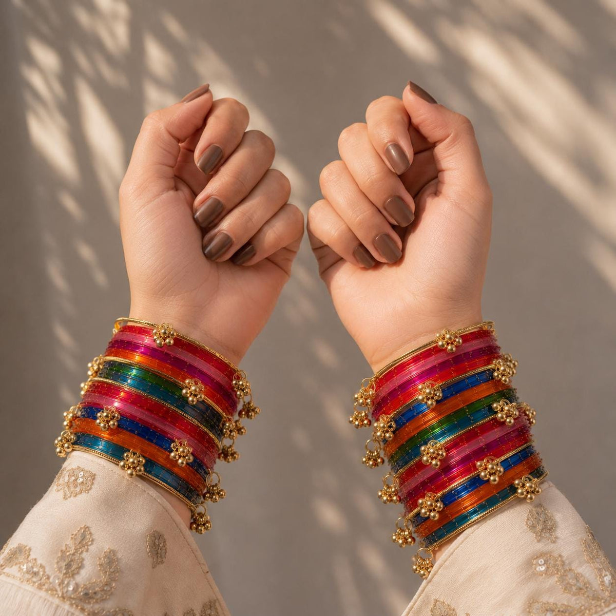 Multicolor Kashmiri Glass Bangles Set | Gold Ghungroo | Indian Bridal Wedding Bangles - 2