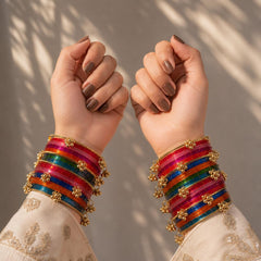 Multicolor Kashmiri Glass Bangles Set | Gold Ghungroo | Indian Bridal Wedding Bangles - 2