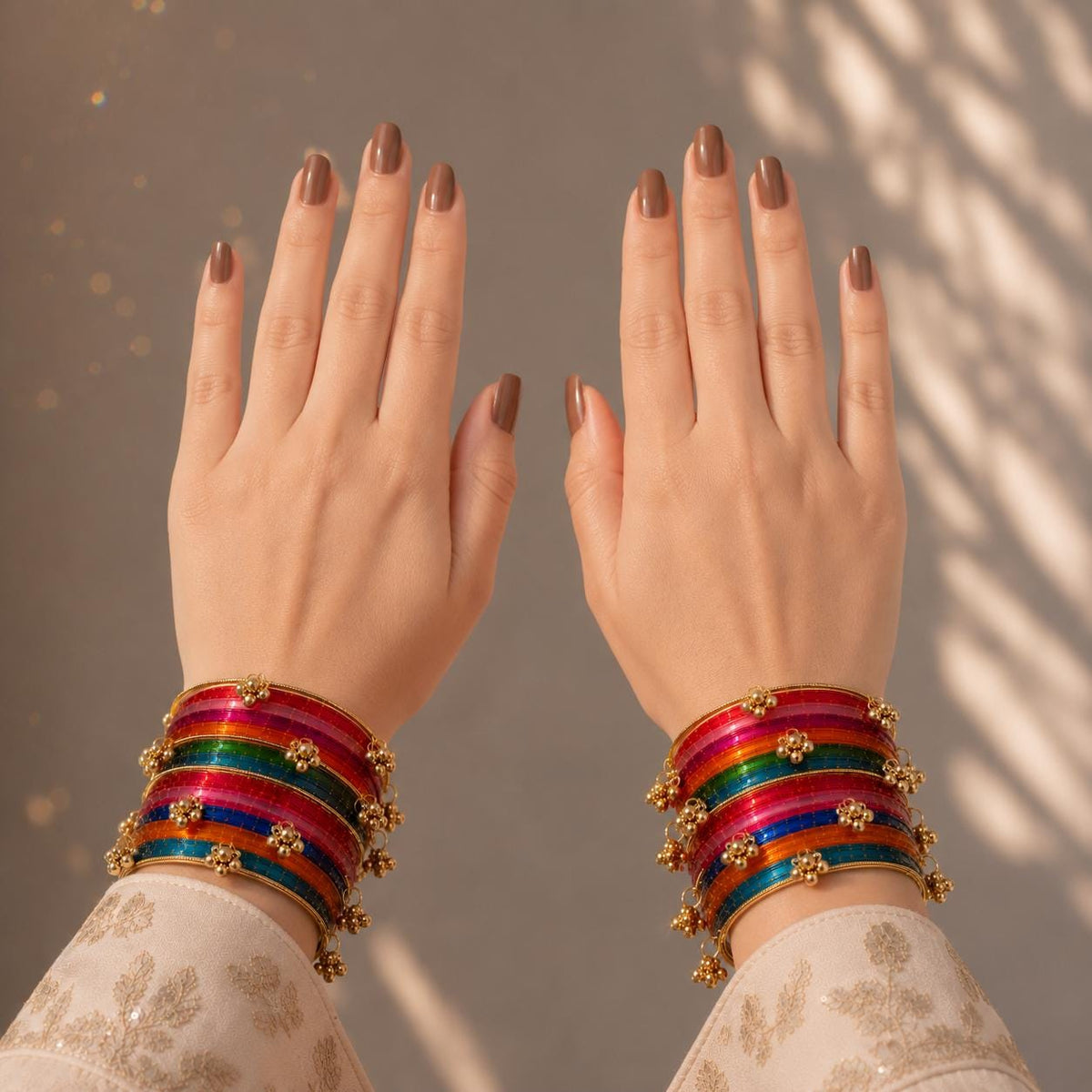Multicolor Kashmiri Glass Bangles Set | Gold Ghungroo | Indian Bridal Wedding Bangles - 4