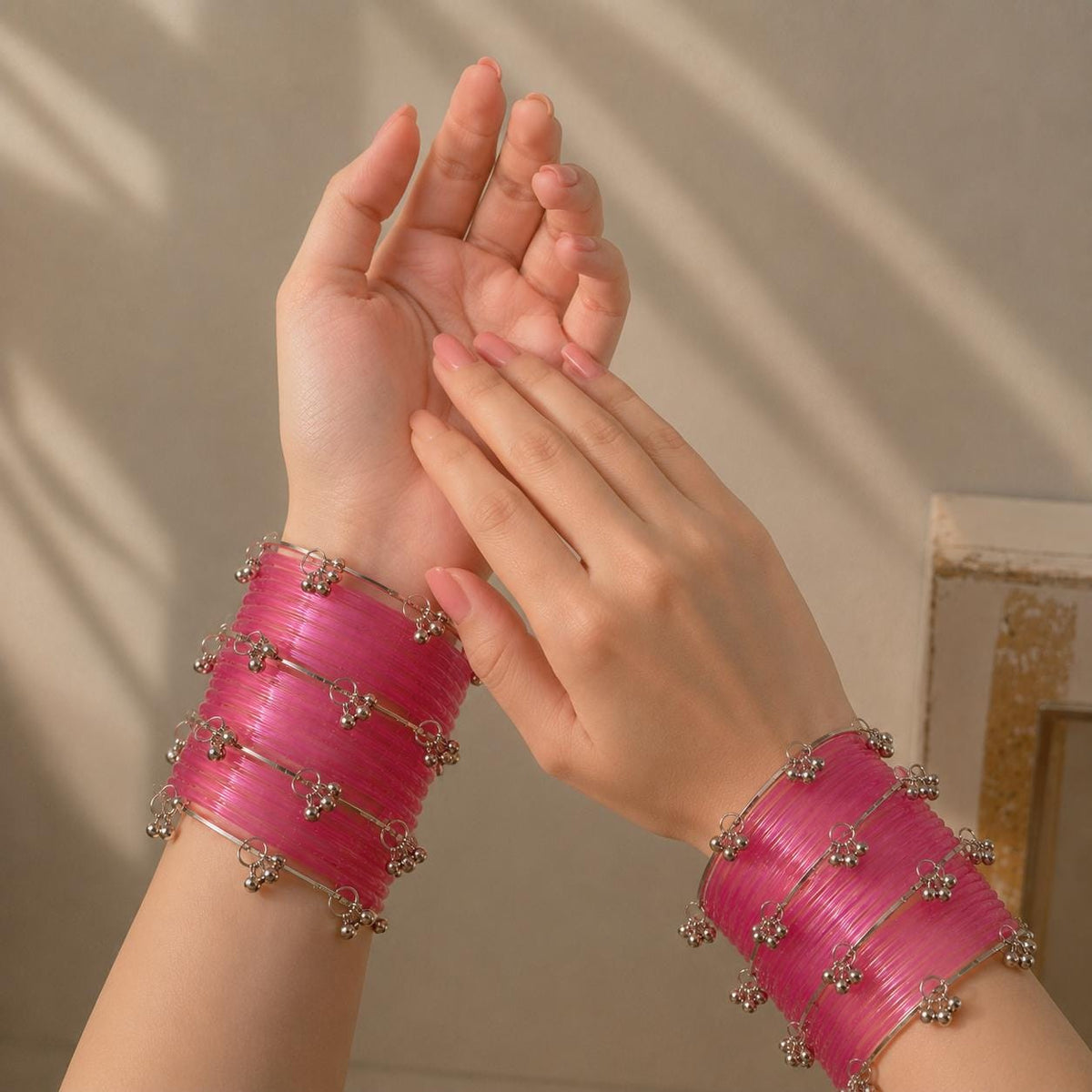 Pink Jelly Bangles Set | Silver Ghungroo | Kashmiri Bridal Jewelry | Indian Wedding Bangles - 2