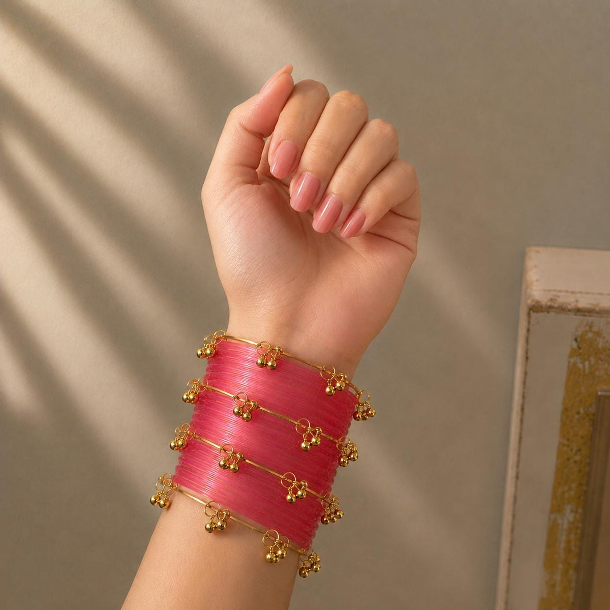 Pink Jelly Bangles Set | Silver Ghungroo | Kashmiri Bridal Jewelry | Indian Wedding Bangles - 9