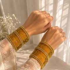 Yellow Kashmiri Glass Churiyan Bangles Gold Ghungrooo Indian Bridal Wedding Jewelry Set - 10