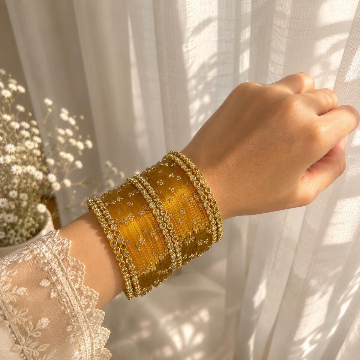 Yellow Kashmiri Glass Churiyan Bangles Gold Ghungrooo Indian Bridal Wedding Jewelry Set