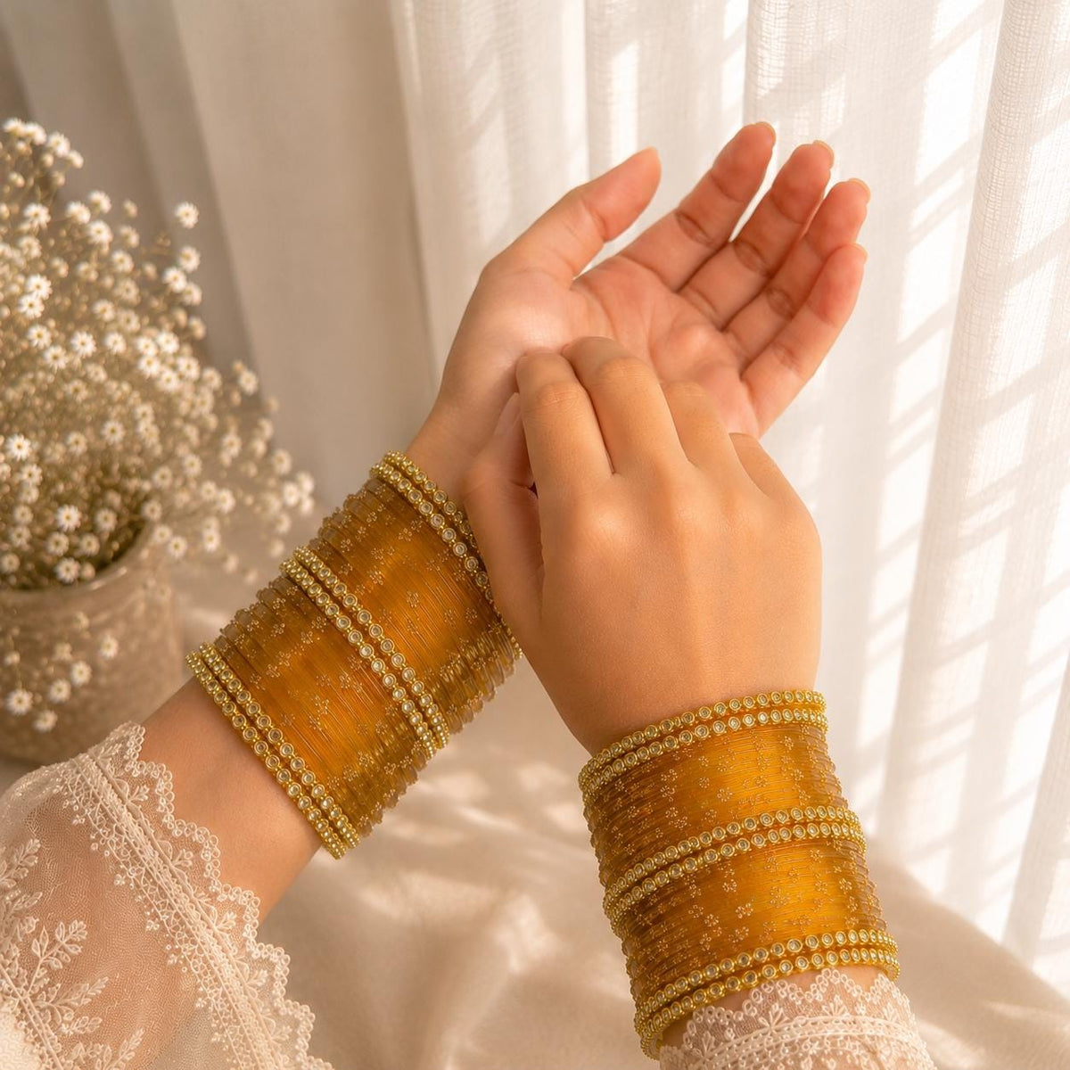 Yellow Kashmiri Glass Churiyan Bangles Gold Ghungrooo Indian Bridal Wedding Jewelry Set - 8