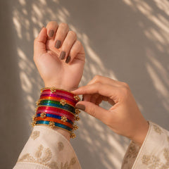 Multicolor Kashmiri Glass Bangles Set | Gold Ghungroo | Indian Bridal Wedding Bangles - 5