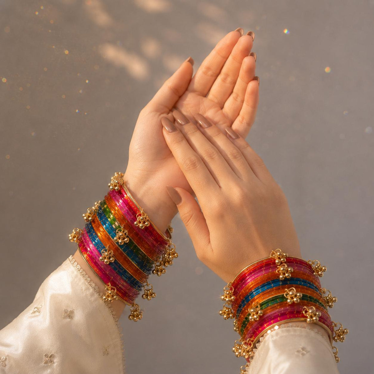Multicolor Kashmiri Glass Bangles Set | Gold Ghungroo | Indian Bridal Wedding Bangles - 6