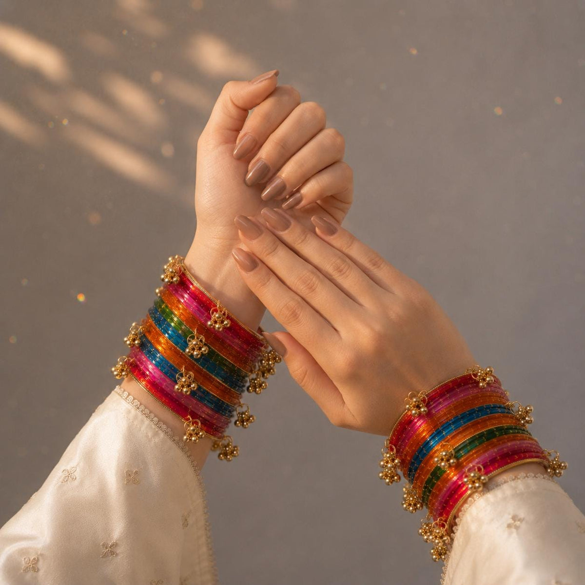 Multicolor Kashmiri Glass Bangles Set | Gold Ghungroo | Indian Bridal Wedding Bangles - 3
