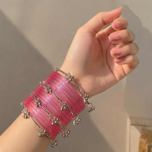 Pink Jelly Bangles Set | Silver Ghungroo | Kashmiri Bridal Jewelry | Indian Wedding Bangles