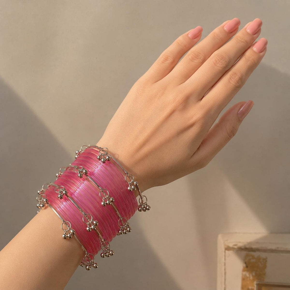 Pink Jelly Bangles Set | Silver Ghungroo | Kashmiri Bridal Jewelry | Indian Wedding Bangles - 5