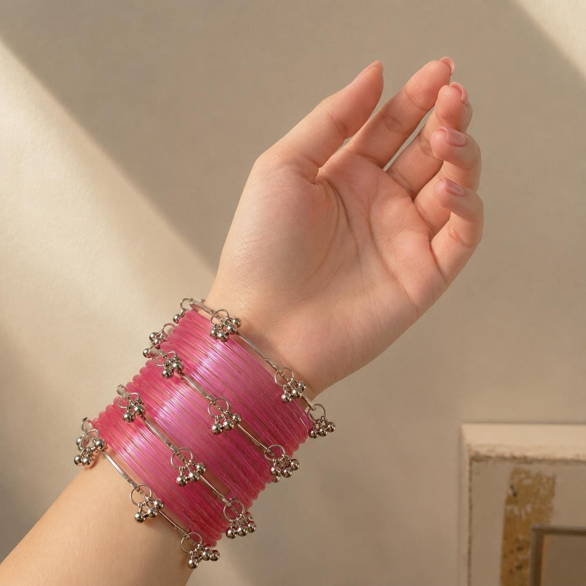Pink Jelly Bangles Set | Silver Ghungroo | Kashmiri Bridal Jewelry | Indian Wedding Bangles - 3