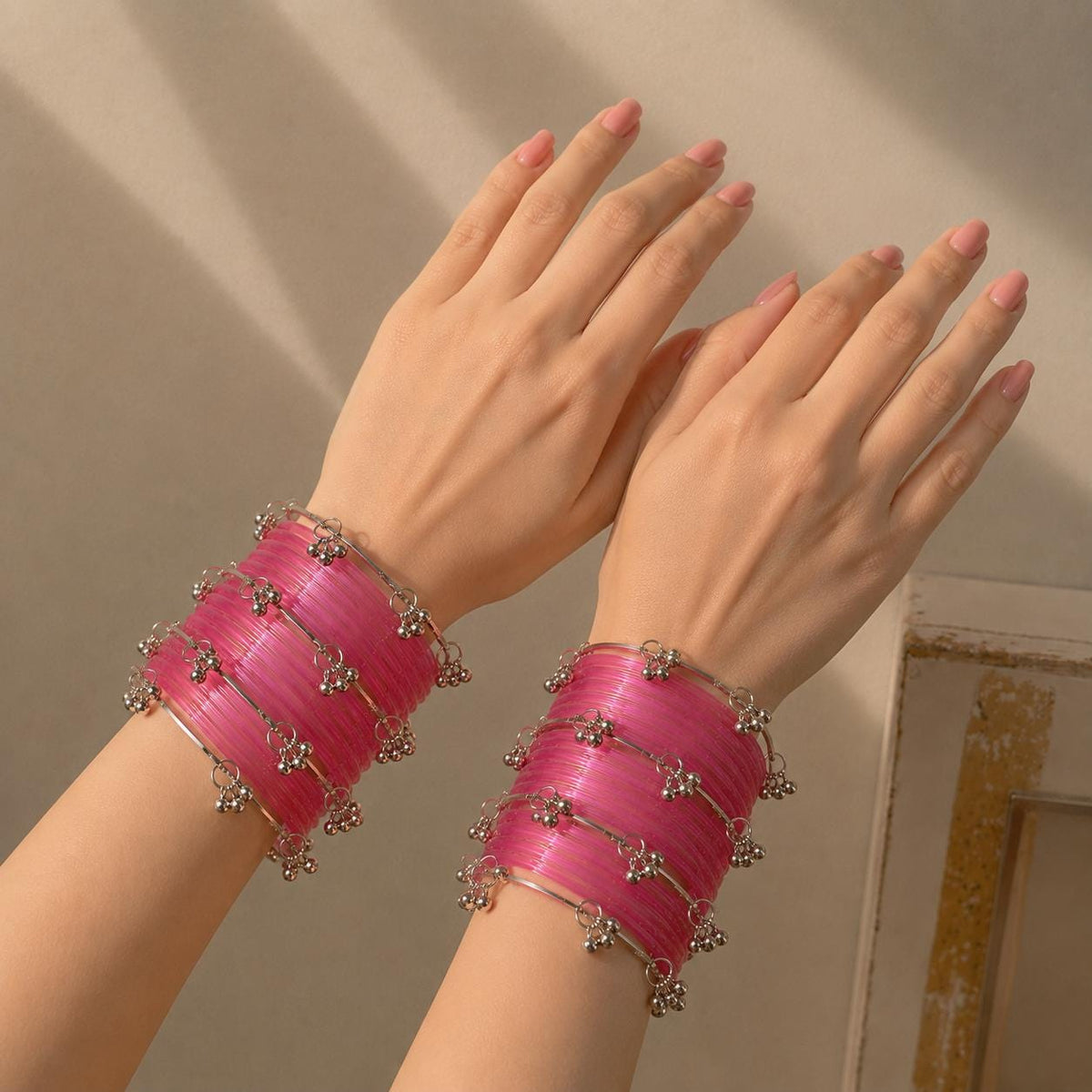 Pink Jelly Bangles Set | Silver Ghungroo | Kashmiri Bridal Jewelry | Indian Wedding Bangles - 7