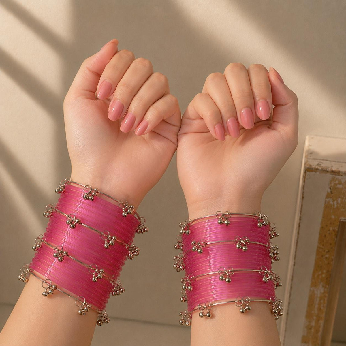 Pink Jelly Bangles Set | Silver Ghungroo | Kashmiri Bridal Jewelry | Indian Wedding Bangles - 4