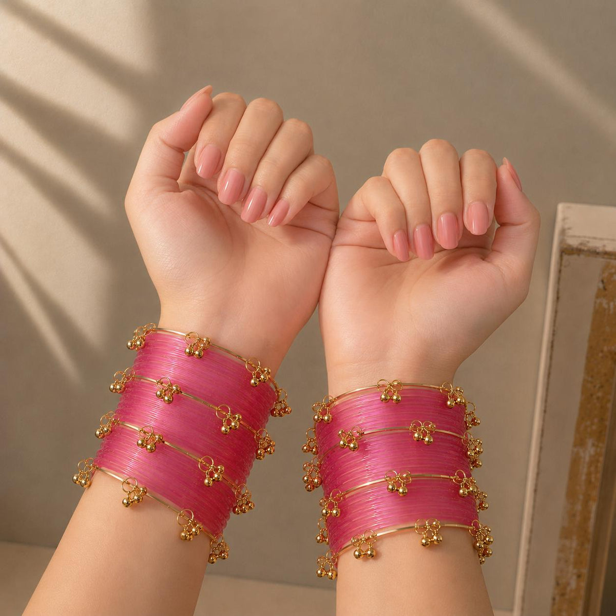 Pink Jelly Bangles Set | Silver Ghungroo | Kashmiri Bridal Jewelry | Indian Wedding Bangles - 10