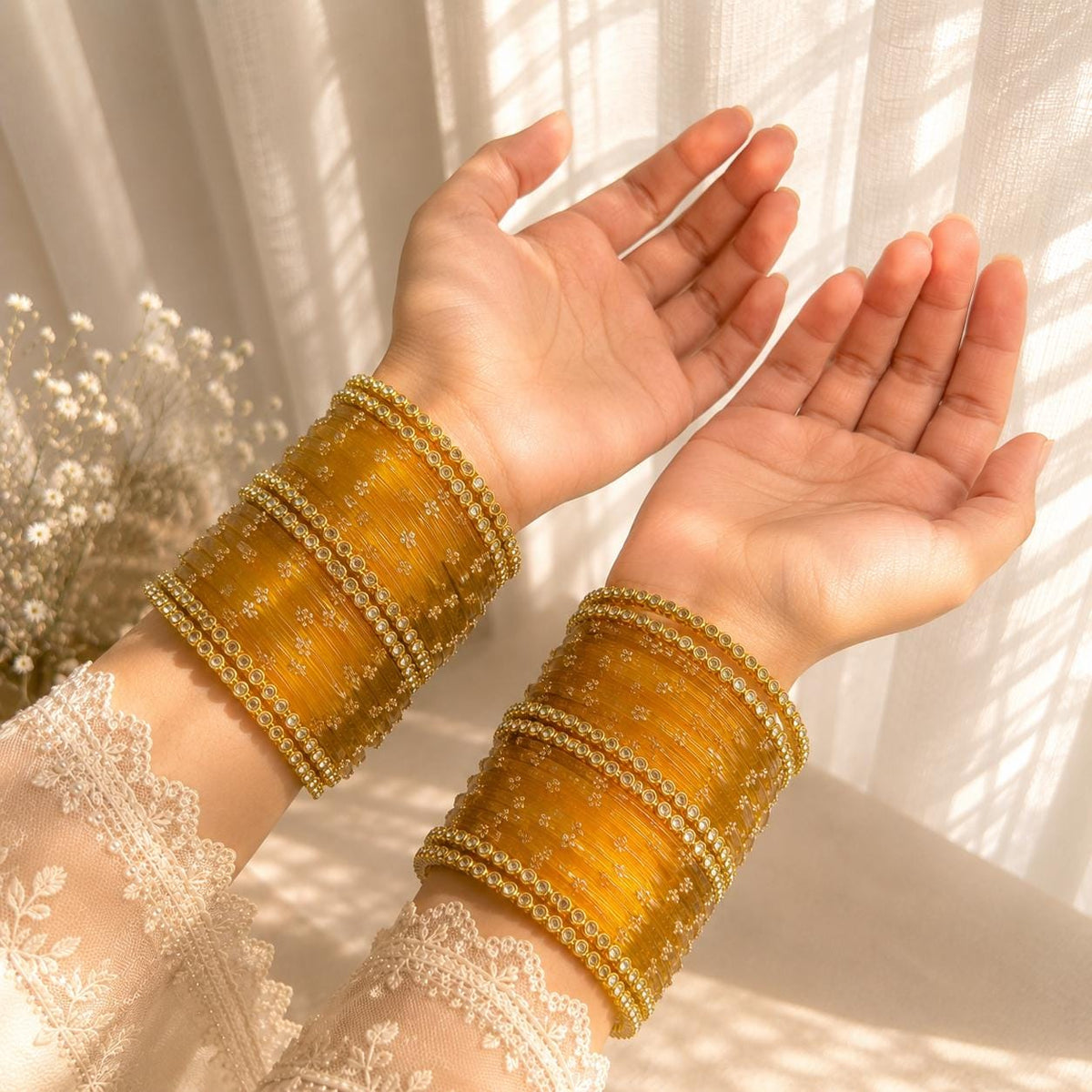 Yellow Kashmiri Glass Churiyan Bangles Gold Ghungrooo Indian Bridal Wedding Jewelry Set - 6