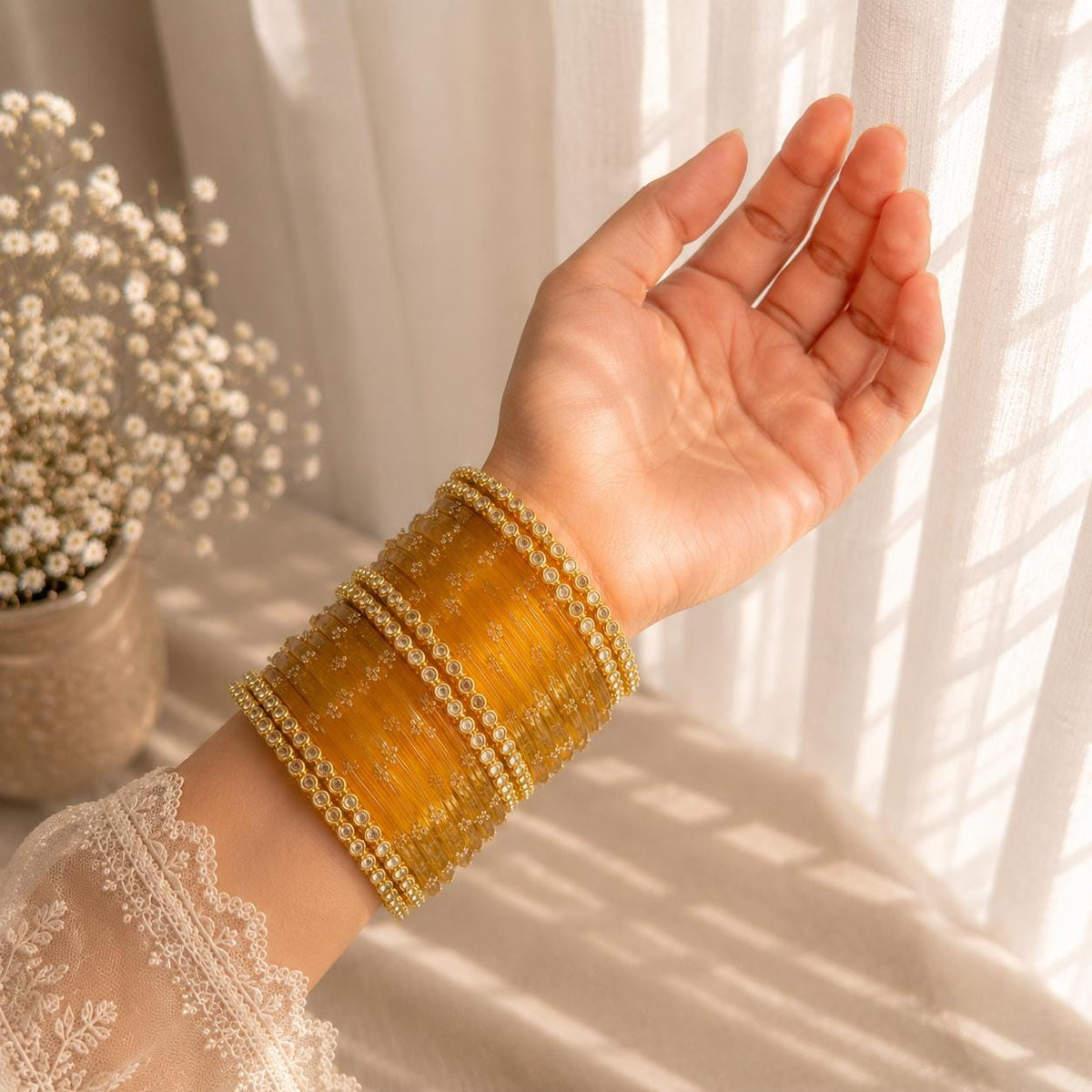 Yellow Kashmiri Glass Churiyan Bangles Gold Ghungrooo Indian Bridal Wedding Jewelry Set - 3