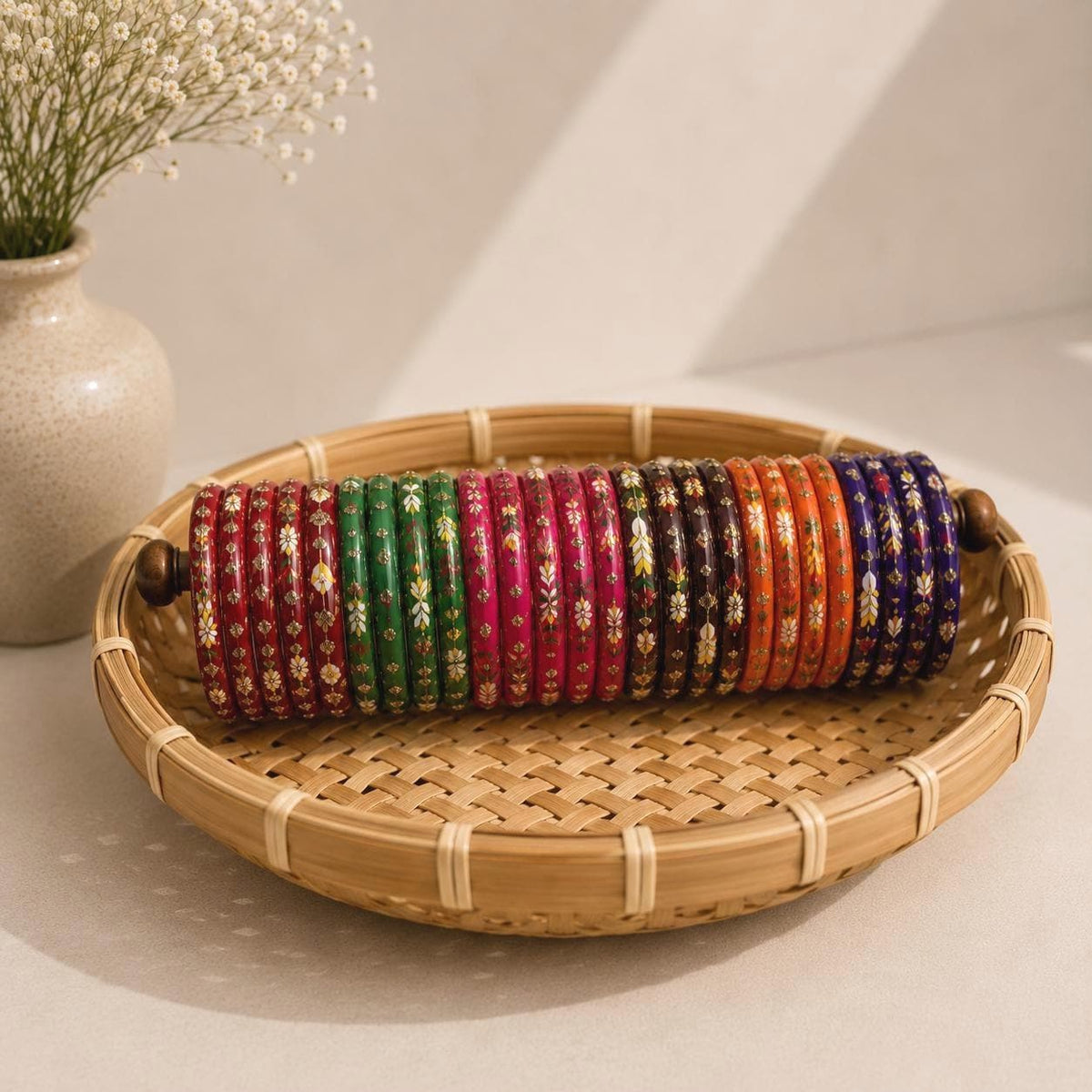 Multicolor Zircon Bangles Set | Leaf Print Enamel Kada | Indian Handmade Churiyan - 5