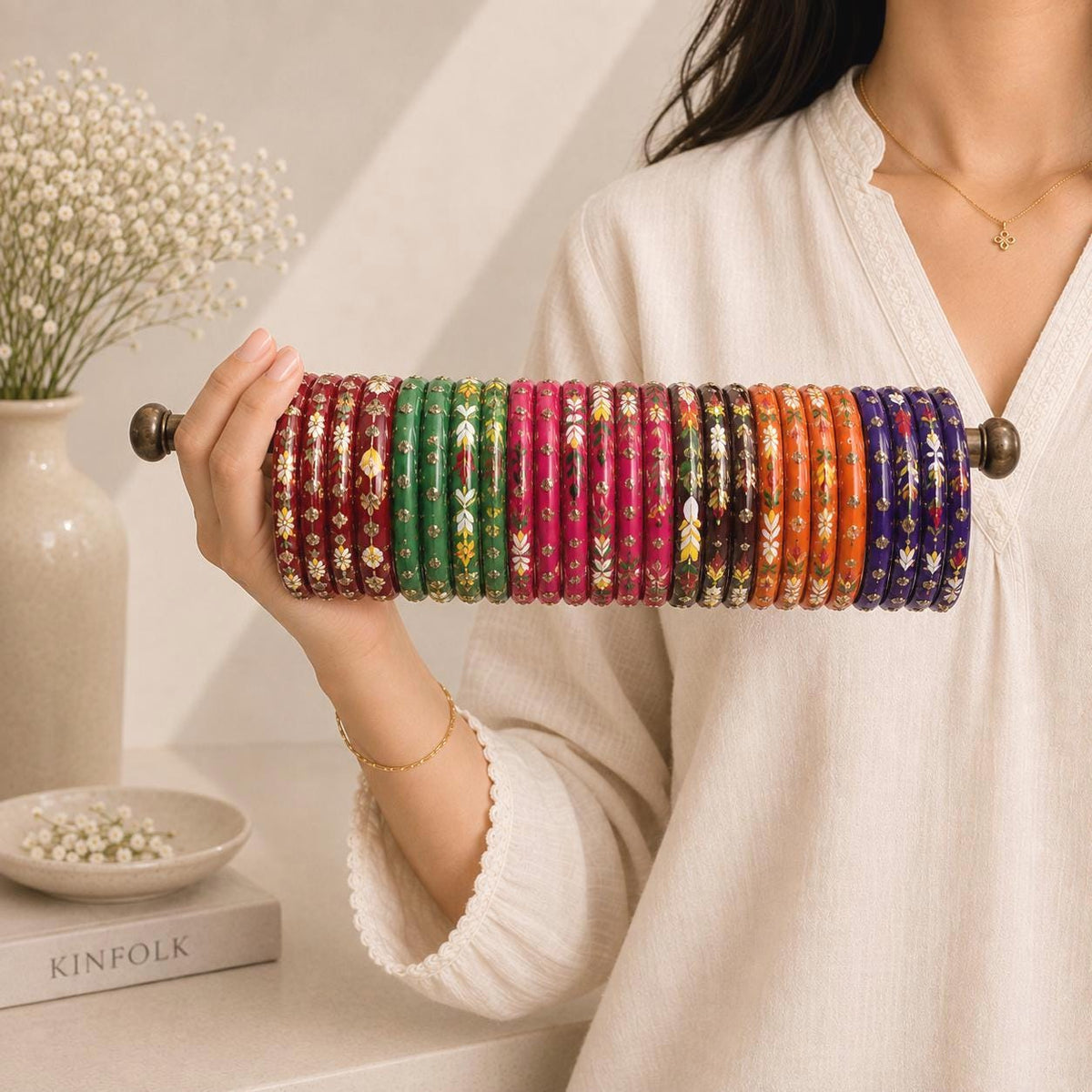Multicolor Zircon Bangles Set | Leaf Print Enamel Kada | Indian Handmade Churiyan - 3