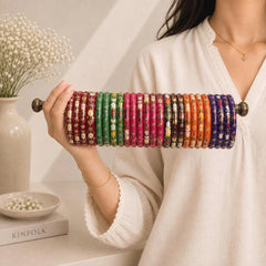 Multicolor Zircon Bangles Set | Leaf Print Enamel Kada | Indian Handmade Churiyan - 3