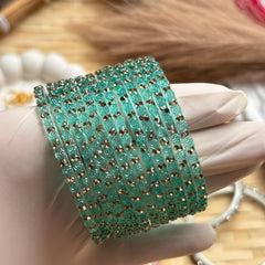 Teal Rose Glass Bangles Set Kashmiri Gold Ghungroo Indian Bridal Wedding Jewelry - 8