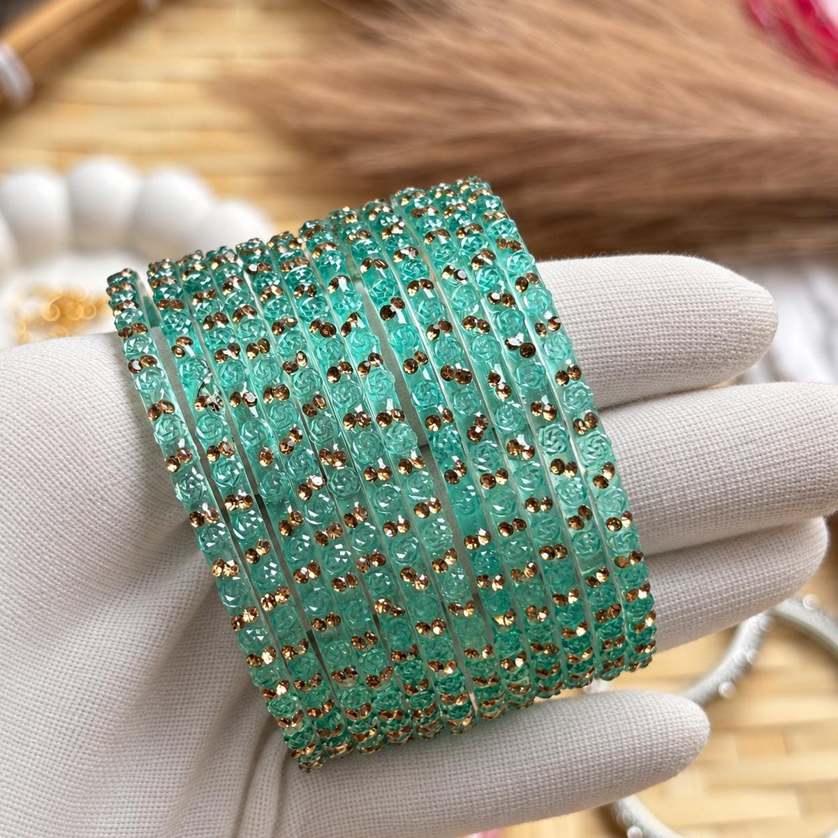 Teal Rose Glass Bangles Set Kashmiri Gold Ghungroo Indian Bridal Wedding Jewelry - 2