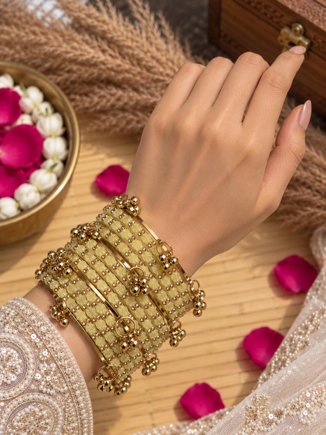 Rose Beige Kashmiri Glass Bangles Set Raindrop Indian Bridal Churiyan Pakistani Wedding Jewelry - 13