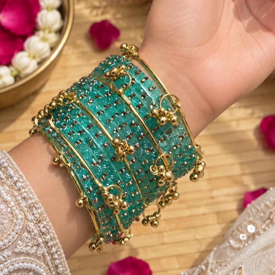 Teal Rose Glass Bangles Set Kashmiri Gold Ghungroo Indian Bridal Wedding Jewelry - 10