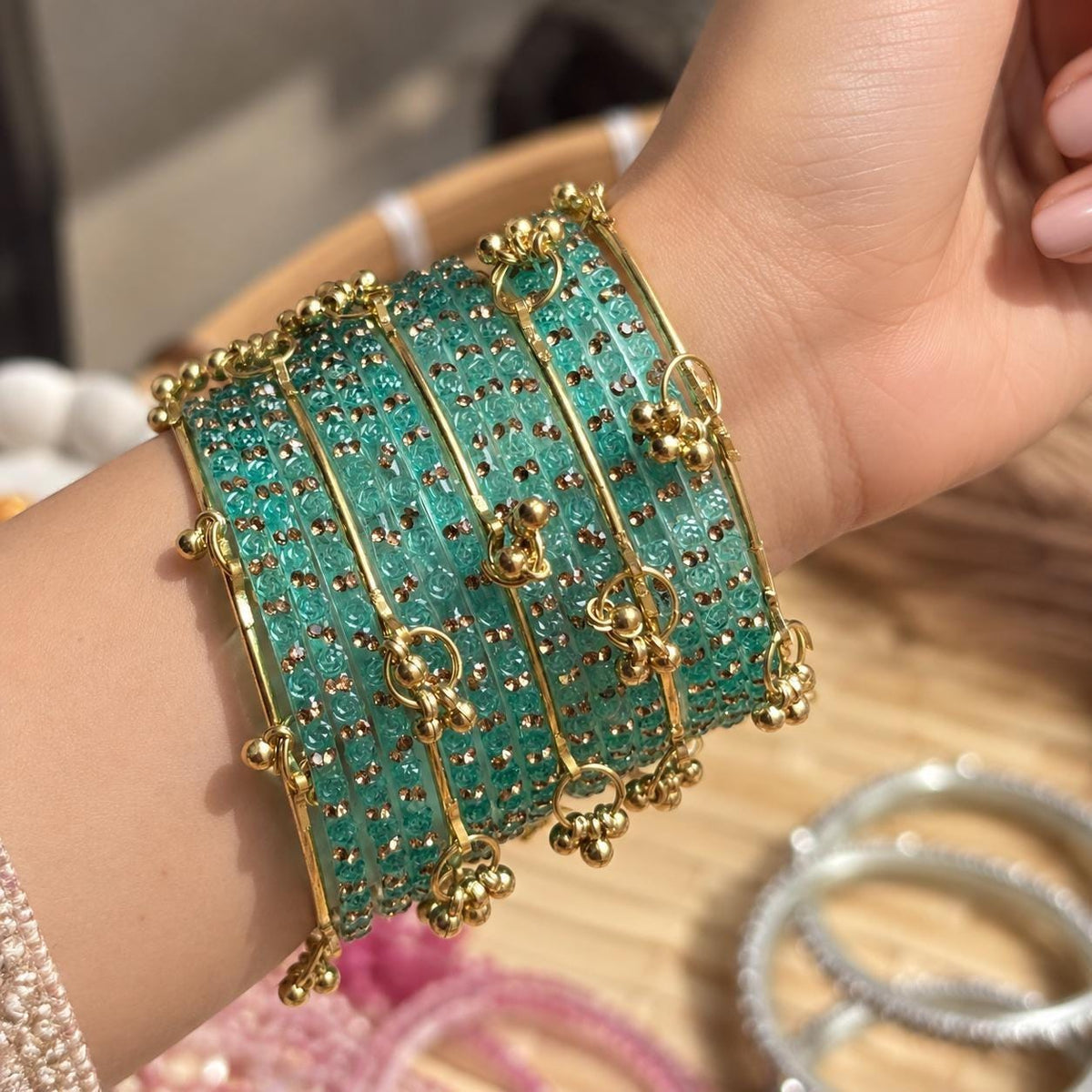 Teal Rose Glass Bangles Set Kashmiri Gold Ghungroo Indian Bridal Wedding Jewelry - 5