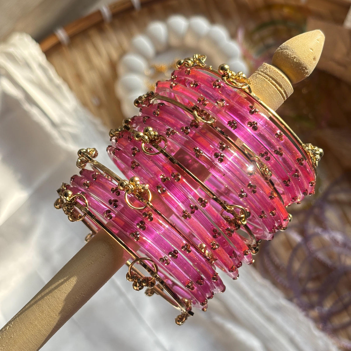 Kashmiri Raindrop Glass Bangle Set Green Pink Gold South Indian Bridal Wedding Jewelry - 14