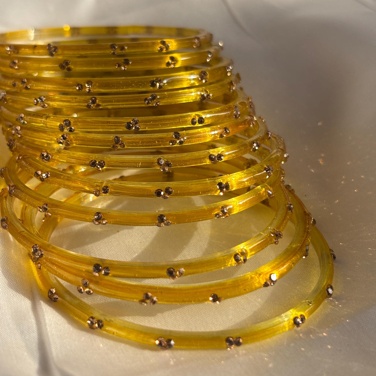 Yellow Kashmiri Glass Churiyan Bangles Gold Ghungrooo Indian Bridal Wedding Jewelry Set - 2