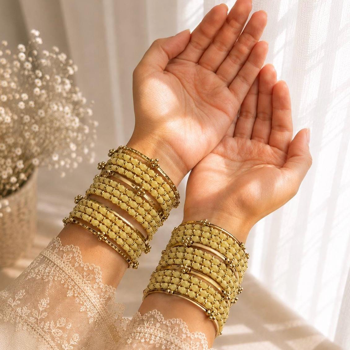 Rose Beige Kashmiri Glass Bangles Set Raindrop Indian Bridal Churiyan Pakistani Wedding Jewelry - 3