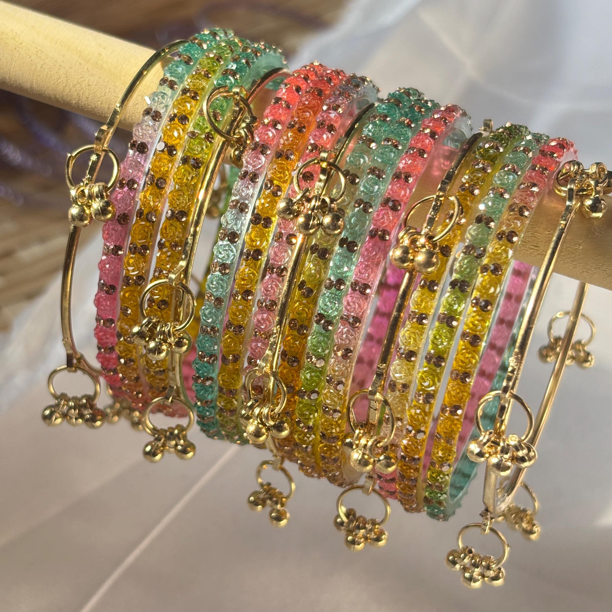 Multicolor Glass Bangles Set | Gold Kashmiri Ghungroo | South Indian Bridal | Wedding Jewelry - 6
