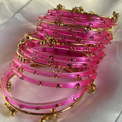 Pink Kashmiri Glass Bangles Set Gold Ghungroo Indian Bridal Wedding Jewelry Pakistani Handmade Churiyan - 3