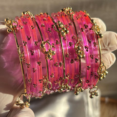 Pink Kashmiri Glass Bangles Set Gold Ghungroo Indian Bridal Wedding Jewelry Pakistani Handmade Churiyan - 2