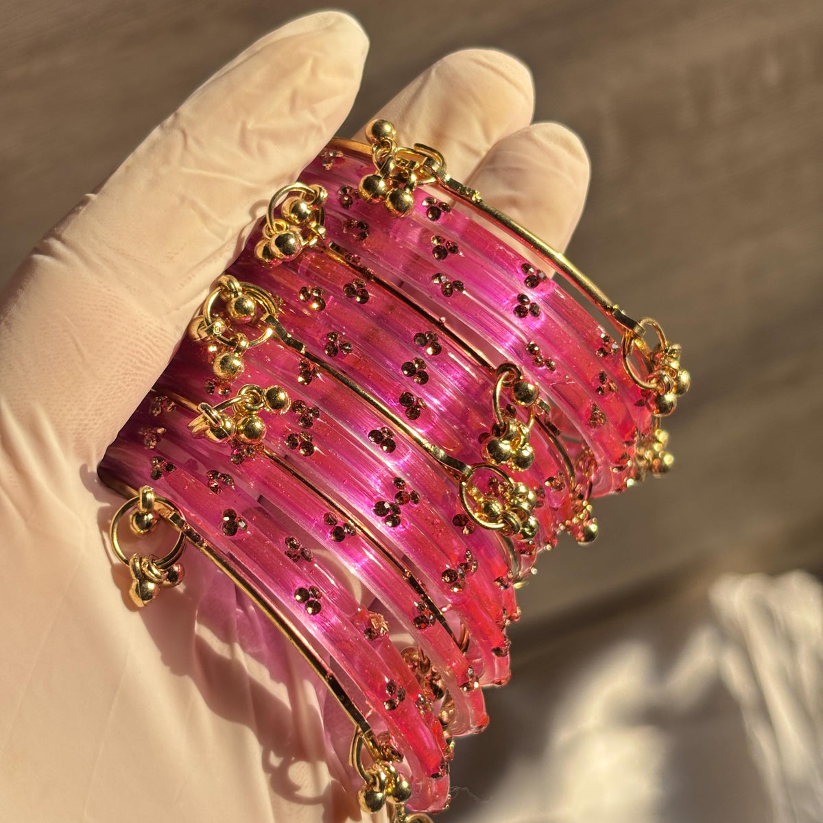 Pink Kashmiri Glass Bangles Set Gold Ghungroo Indian Bridal Wedding Jewelry Pakistani Handmade Churiyan - 9