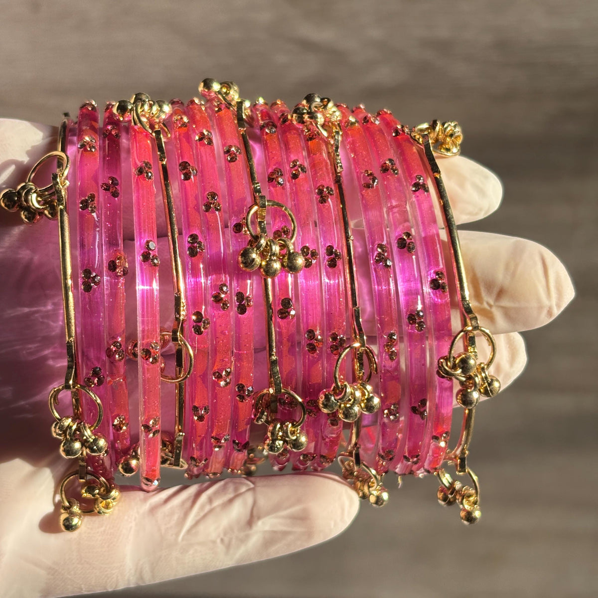 Pink Kashmiri Glass Bangles Set Gold Ghungroo Indian Bridal Wedding Jewelry Pakistani Handmade Churiyan - 10