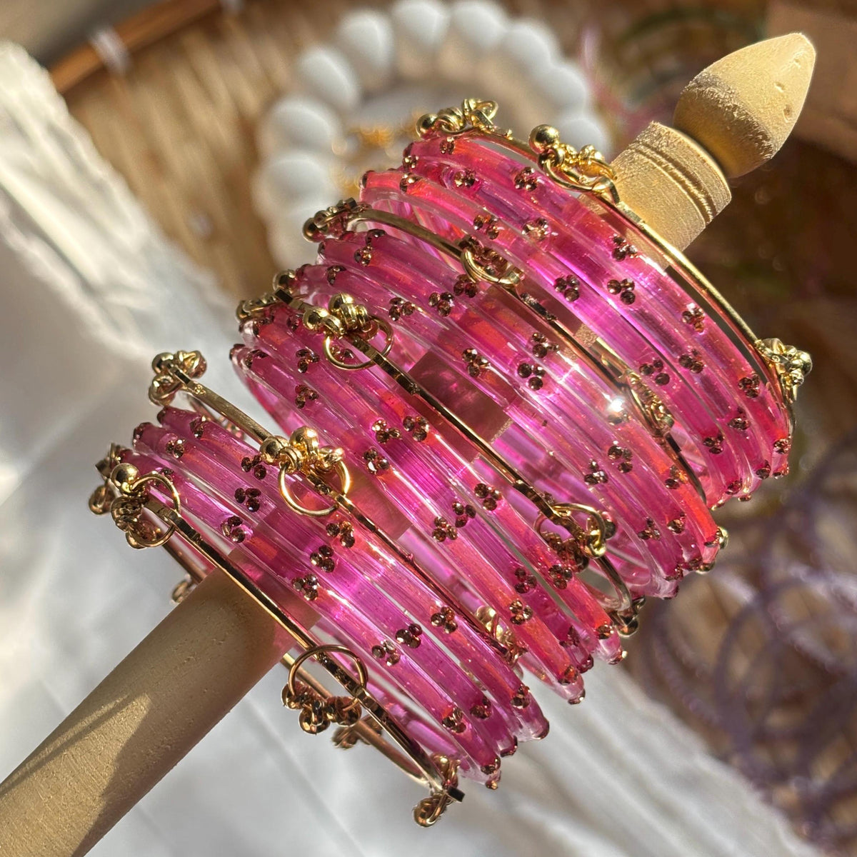 Pink Kashmiri Glass Bangles Set Gold Ghungroo Indian Bridal Wedding Jewelry Pakistani Handmade Churiyan - 13