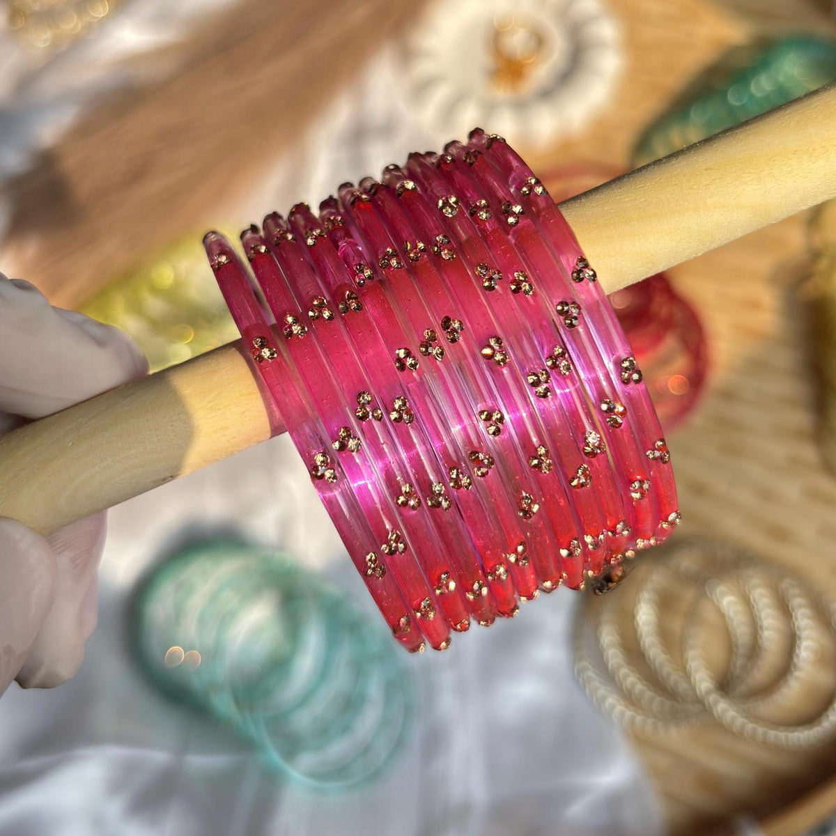Pink Kashmiri Glass Bangles Set Gold Ghungroo Indian Bridal Wedding Jewelry Pakistani Handmade Churiyan - 5