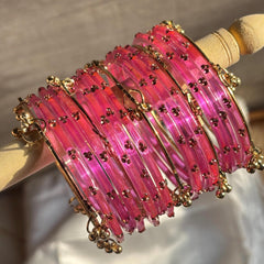 Pink Kashmiri Glass Bangles Set Gold Ghungroo Indian Bridal Wedding Jewelry Pakistani Handmade Churiyan - 8