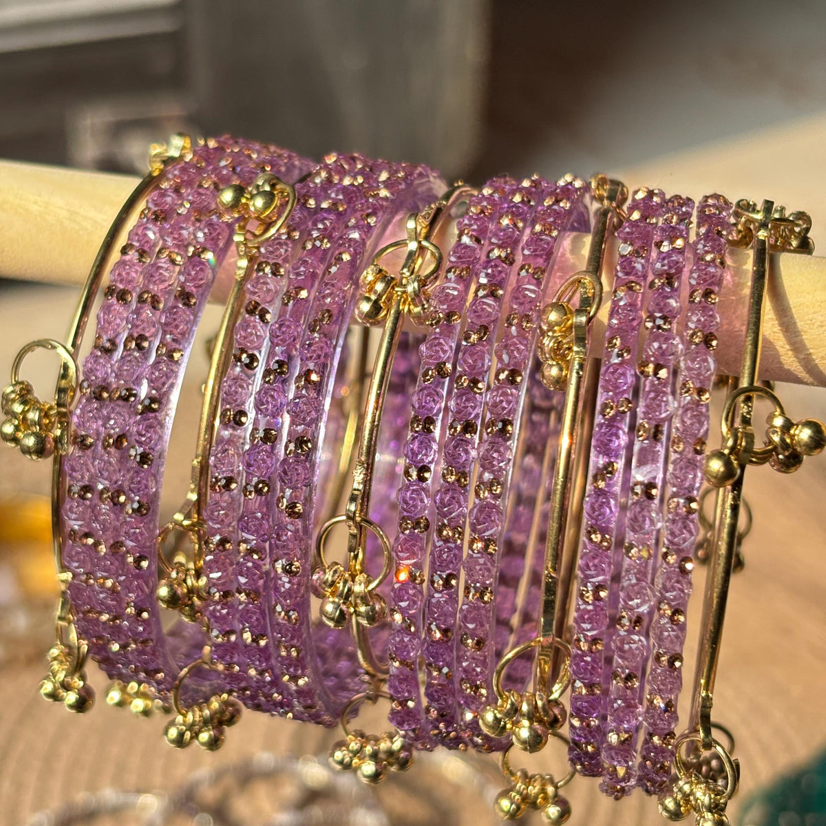 Lavender Rose Kashmiri Glass Bangles Set Gold Ghungroos Indian Bridal Wedding Jewelry - 8
