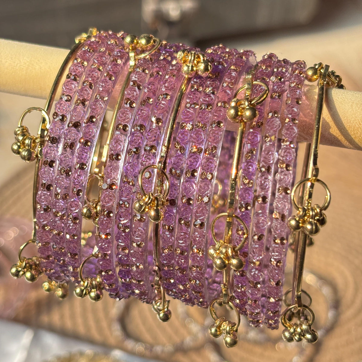 Lavender Rose Kashmiri Glass Bangles Set Gold Ghungroos Indian Bridal Wedding Jewelry - 15